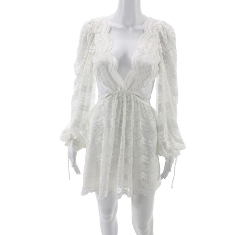 For Love & Lemons Womens Mini Dress White Long Sleeve V-Neck Boho Size M